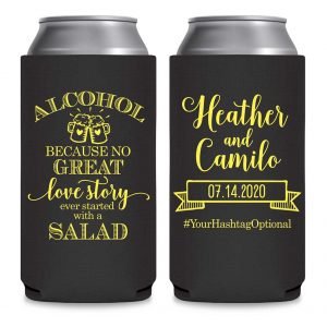 Alcohol Love Story No Salad 1A Foldable 8.3 oz Slim Can Koozies Wedding Gifts for Guests