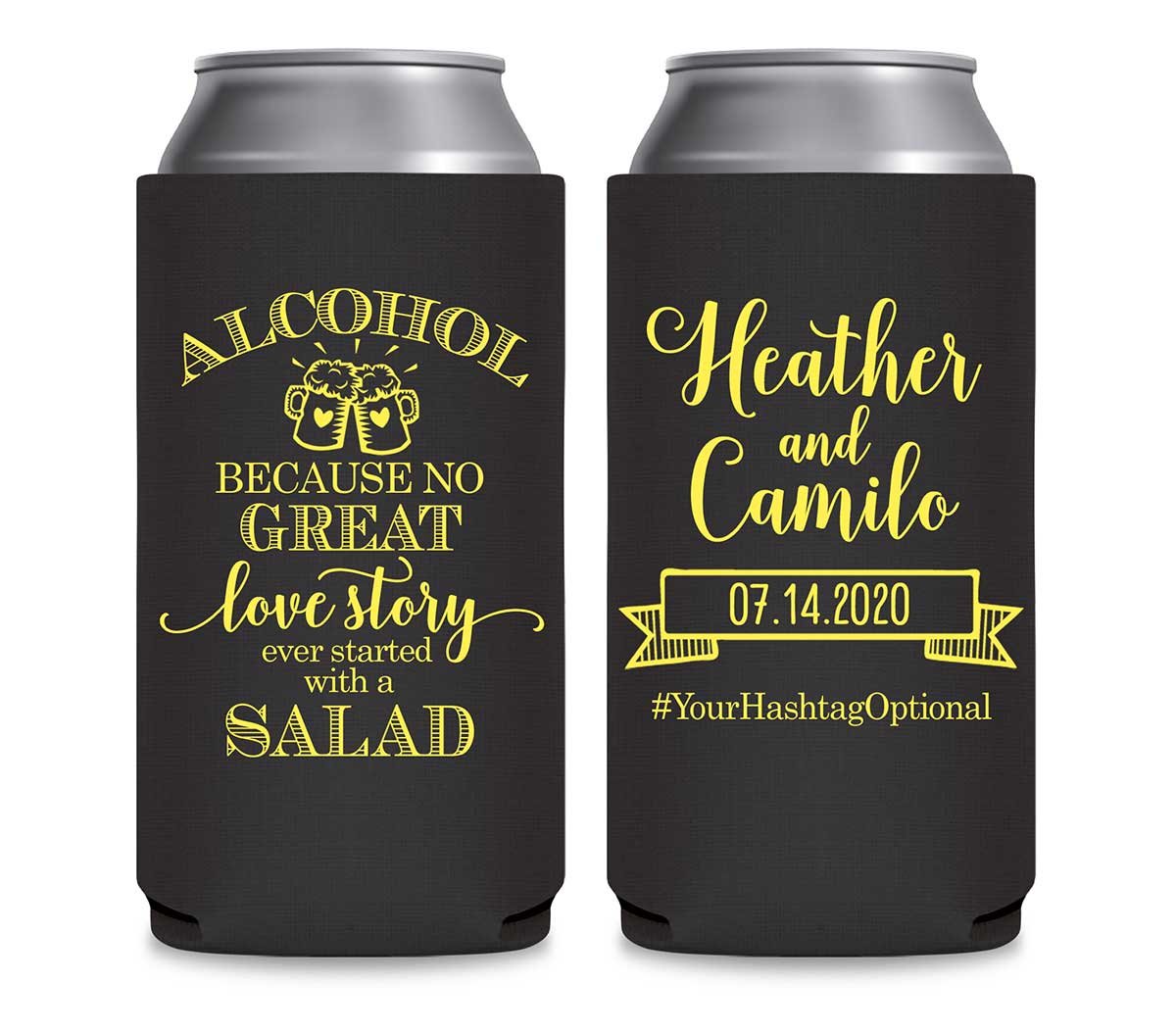 Alcohol Love Story No Salad 1A Foldable 8.3 oz Slim Can Koozies Wedding Gifts for Guests