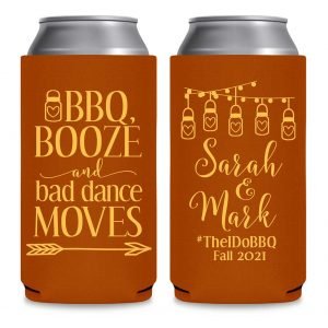 BBQ Booze & Bad Dance Moves 1A Foldable 12 oz Slim Can Koozies Wedding Gifts for Guests