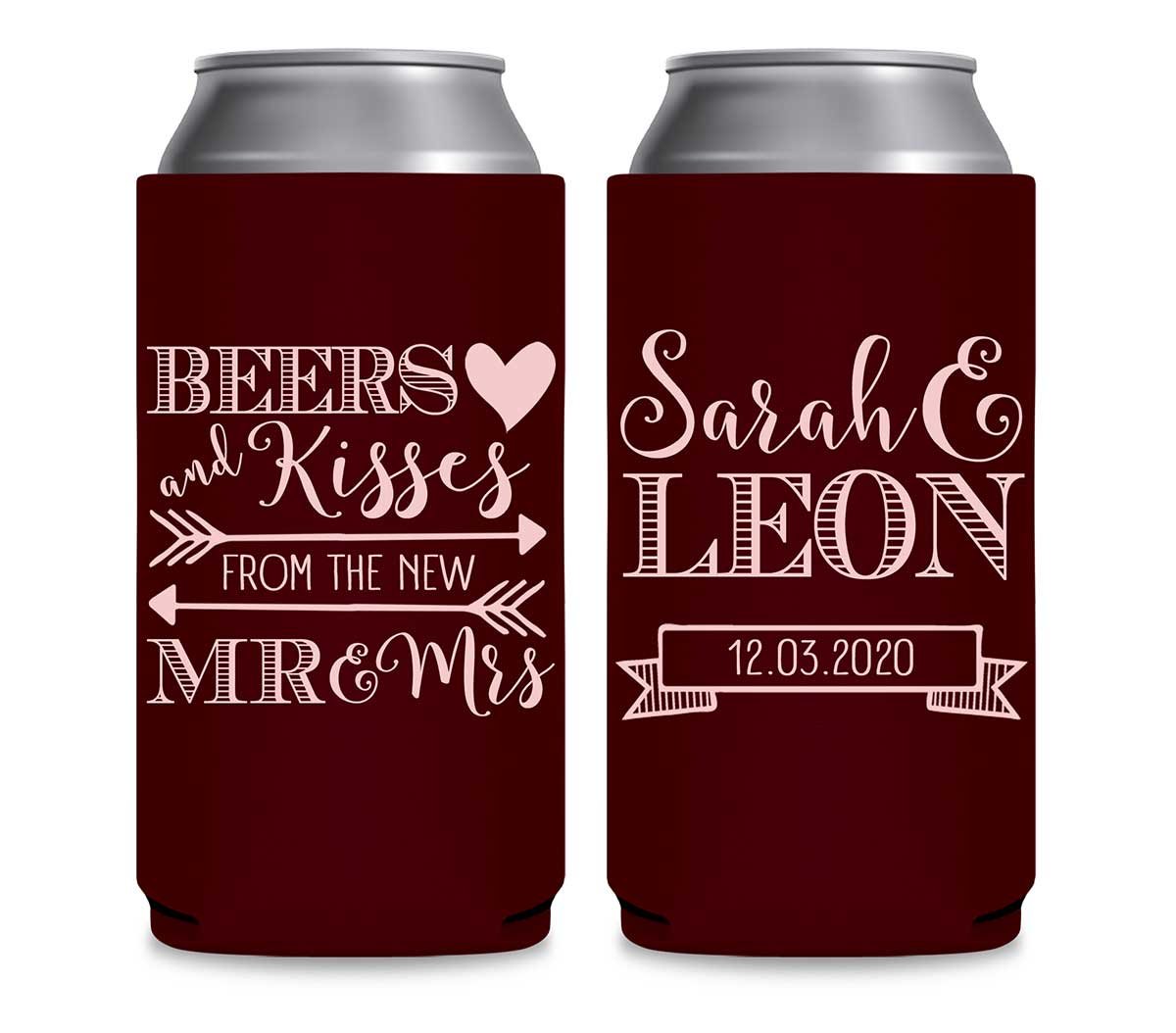 Beers & Kisses From The Mr & Mrs 1A Foldable 12 oz Slim Can Koozies Wedding Gifts for Guests