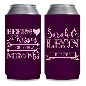 Beers & Kisses From The Mr & Mrs 1A Foldable 8.3 oz Slim Can Koozies Wedding Gifts for Guests