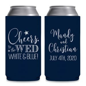 Cheers To The Wed White & Blue 1A Foldable 8.3 oz Slim Can Koozies Wedding Gifts for Guests