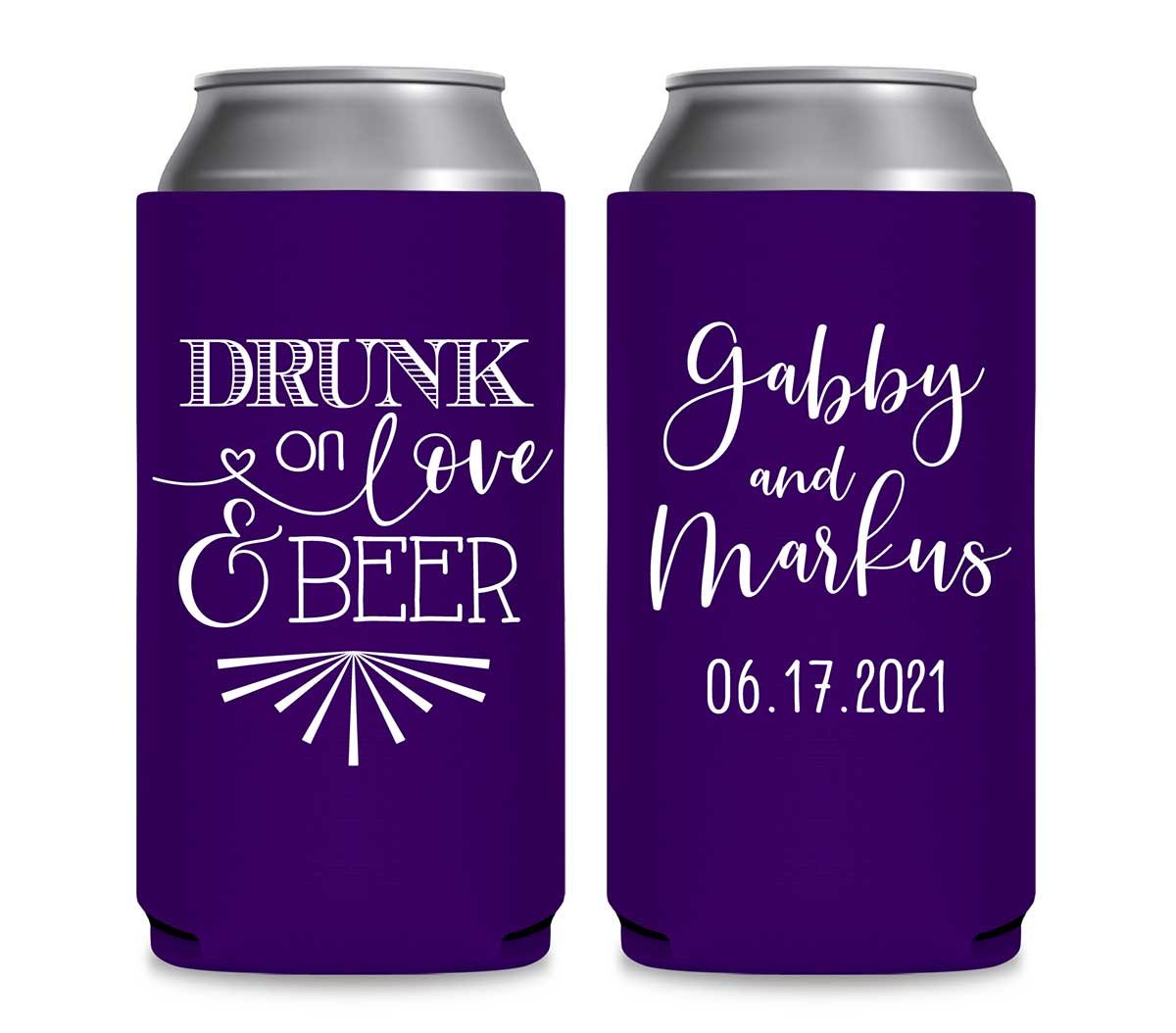 Drunk On Love & Beer 1A Foldable 12 oz Slim Can Koozies Wedding Gifts for Guests