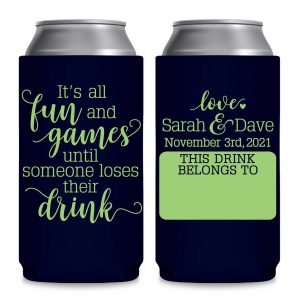 It's All Fun & Games 1A Name Tag Foldable 12 oz Slim Can Koozies Wedding Gifts for Guests
