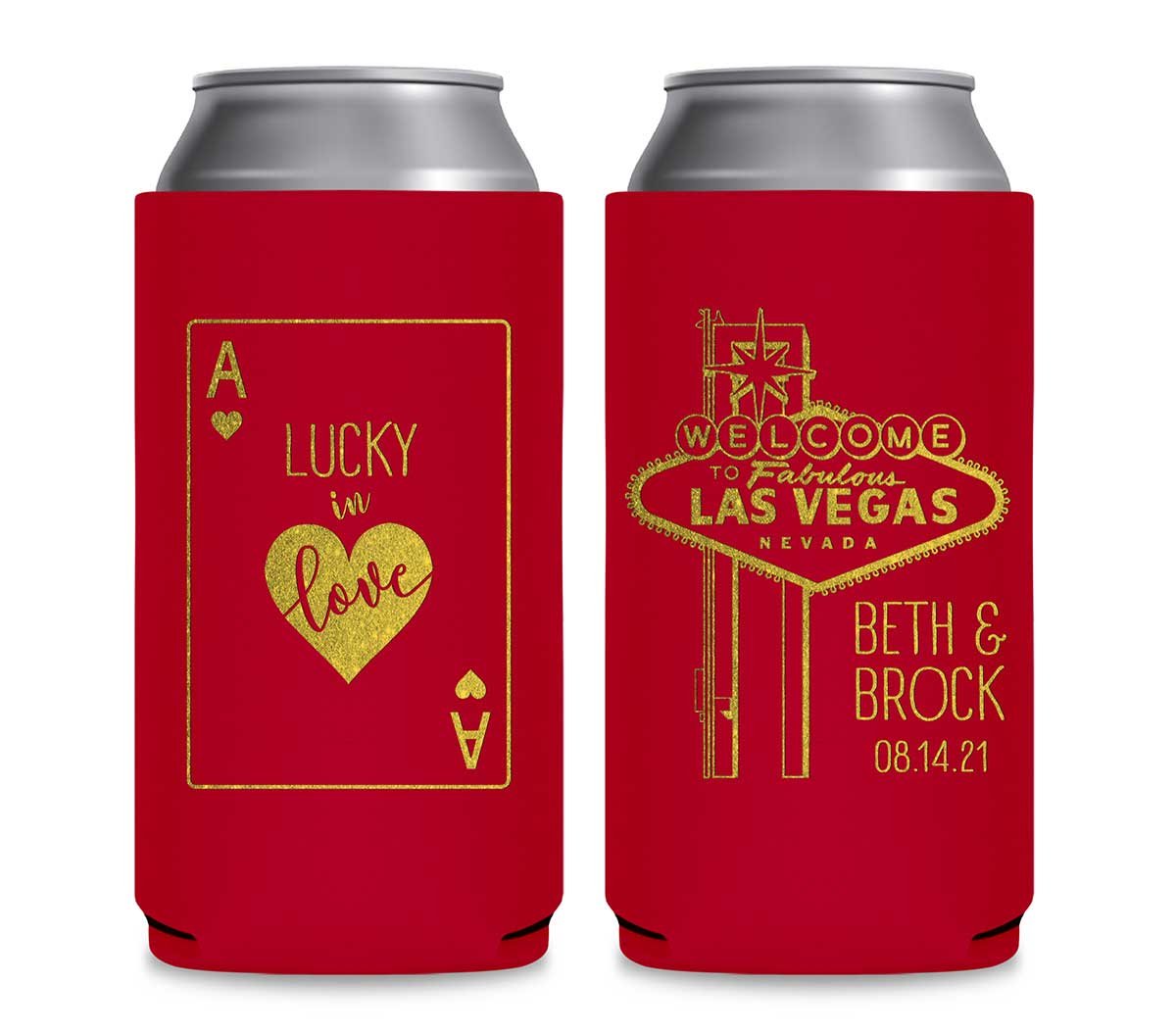 Lucky In Love 1A Vegas Wedding Foldable 12 oz Slim Can Koozies Wedding Gifts for Guests