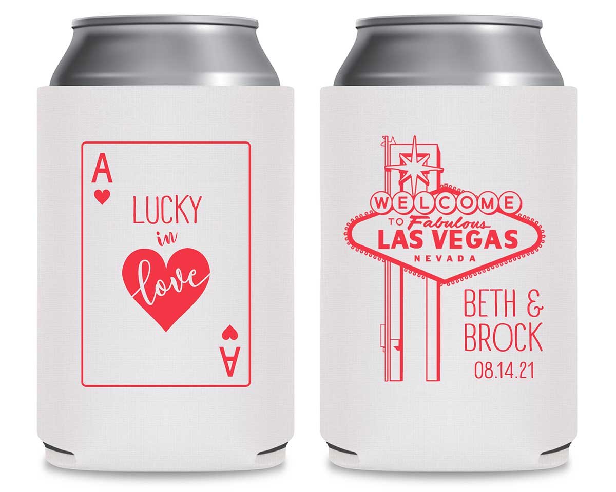 Lucky In Love 1A Vegas Wedding Foldable Can Koozies Wedding Gifts for Guests
