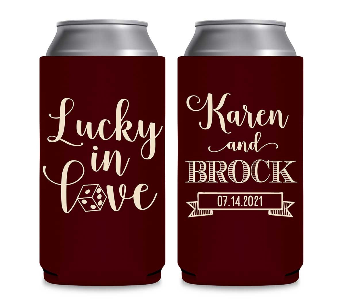 Lucky In Love 3A Casino Wedding Foldable 12 oz Slim Can Koozies Wedding Gifts for Guests