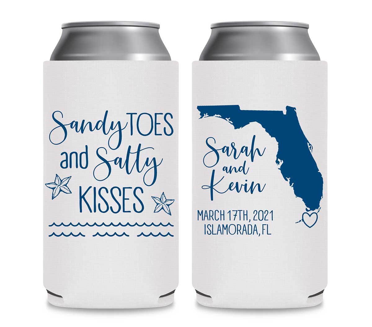 Sandy Toes & Salty Kisses 1A Foldable 12 oz Slim Can Koozies Wedding Gifts for Guests