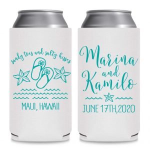 Sandy Toes & Salty Kisses 2A Foldable 12 oz Slim Can Koozies Wedding Gifts for Guests