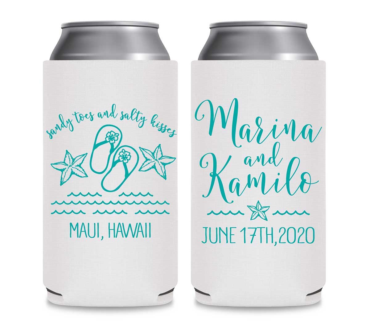 Sandy Toes & Salty Kisses 2A Foldable 12 oz Slim Can Koozies Wedding Gifts for Guests