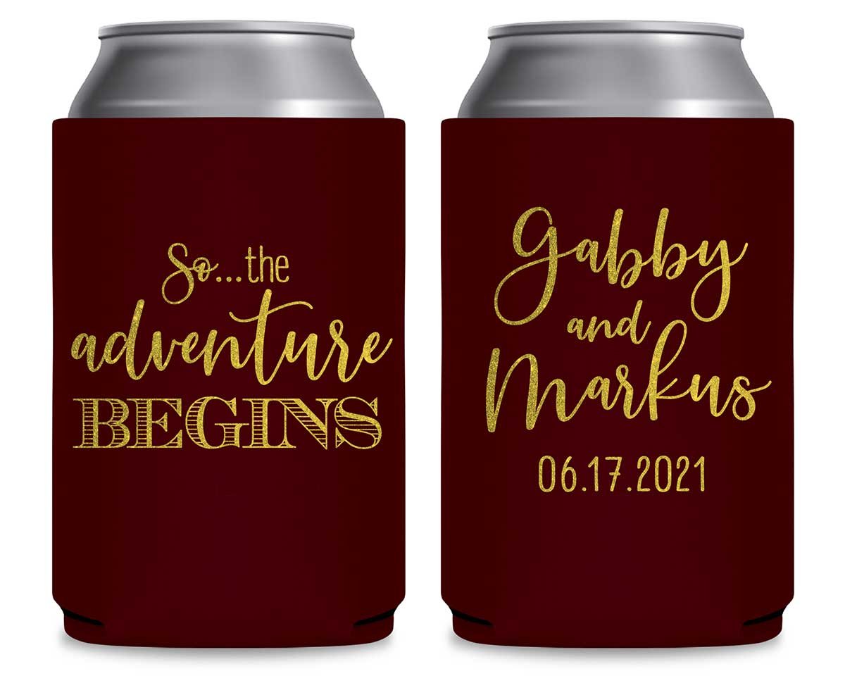The Adventure Begins 3A Travel Stamp Foldable Can Koozies Wedding Gifts for Guests