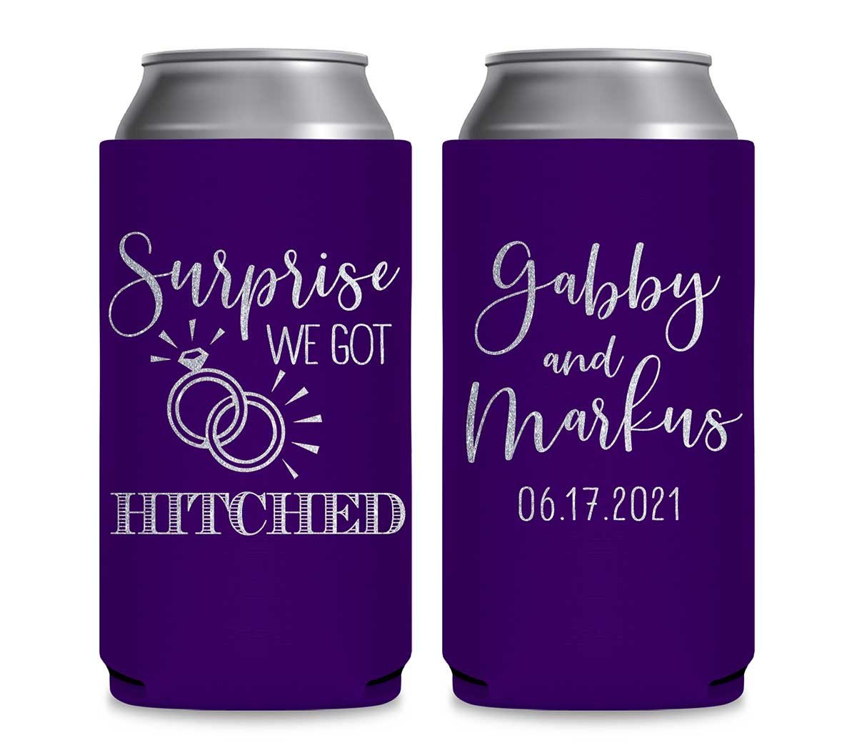 Surprise We Got Hitched 1A Foldable 12 oz Slim Can Koozies Wedding Gifts for Guests