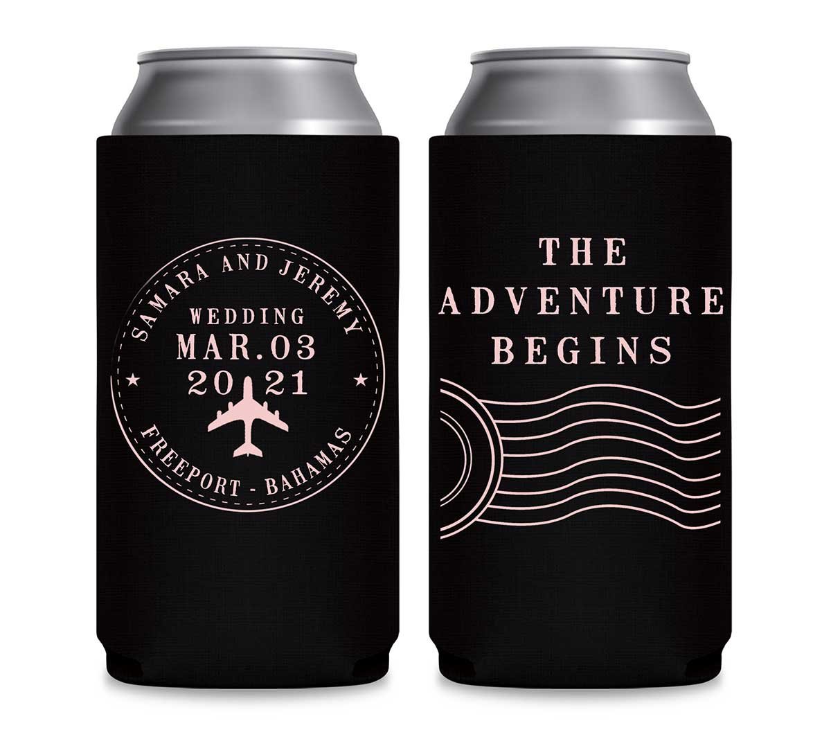 The Adventure Begins 2A Travel Stamp Foldable 12 oz Slim Can Koozies Wedding Gifts for Guests
