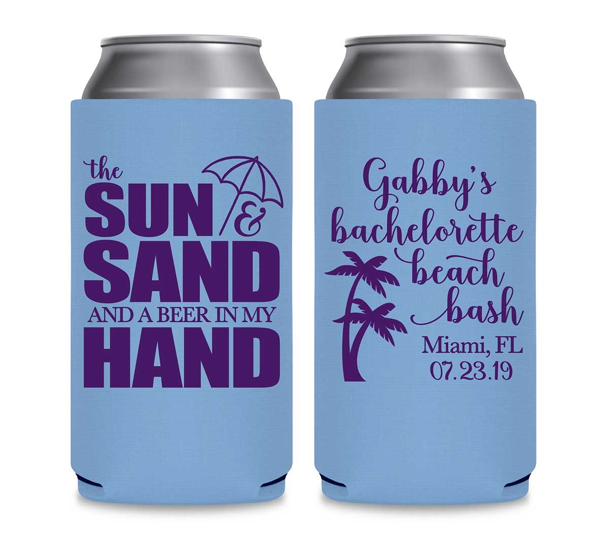The Sun & The Sand Beer In My Hand 1A Bachelorette Foldable 12 oz Slim Can Koozies Wedding Gifts for Guests