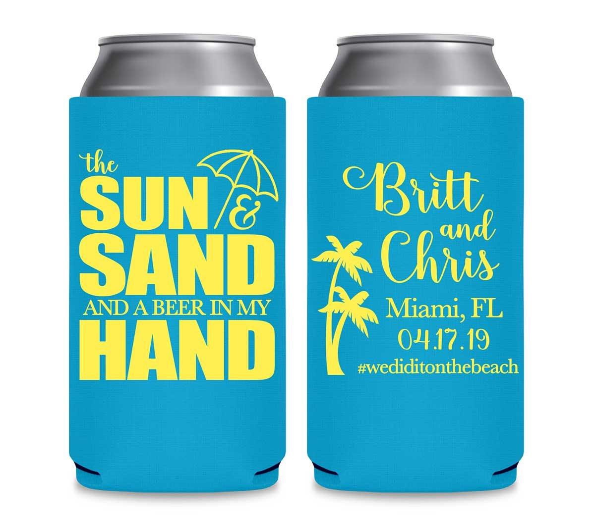 The Sun & The Sand Beer In My Hand 1A Foldable 12 oz Slim Can Koozies Wedding Gifts for Guests