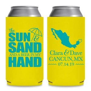 The Sun & The Sand Beer In My Hand 1B Any Map Foldable 8.3 oz Slim Can Koozies Wedding Gifts for Guests