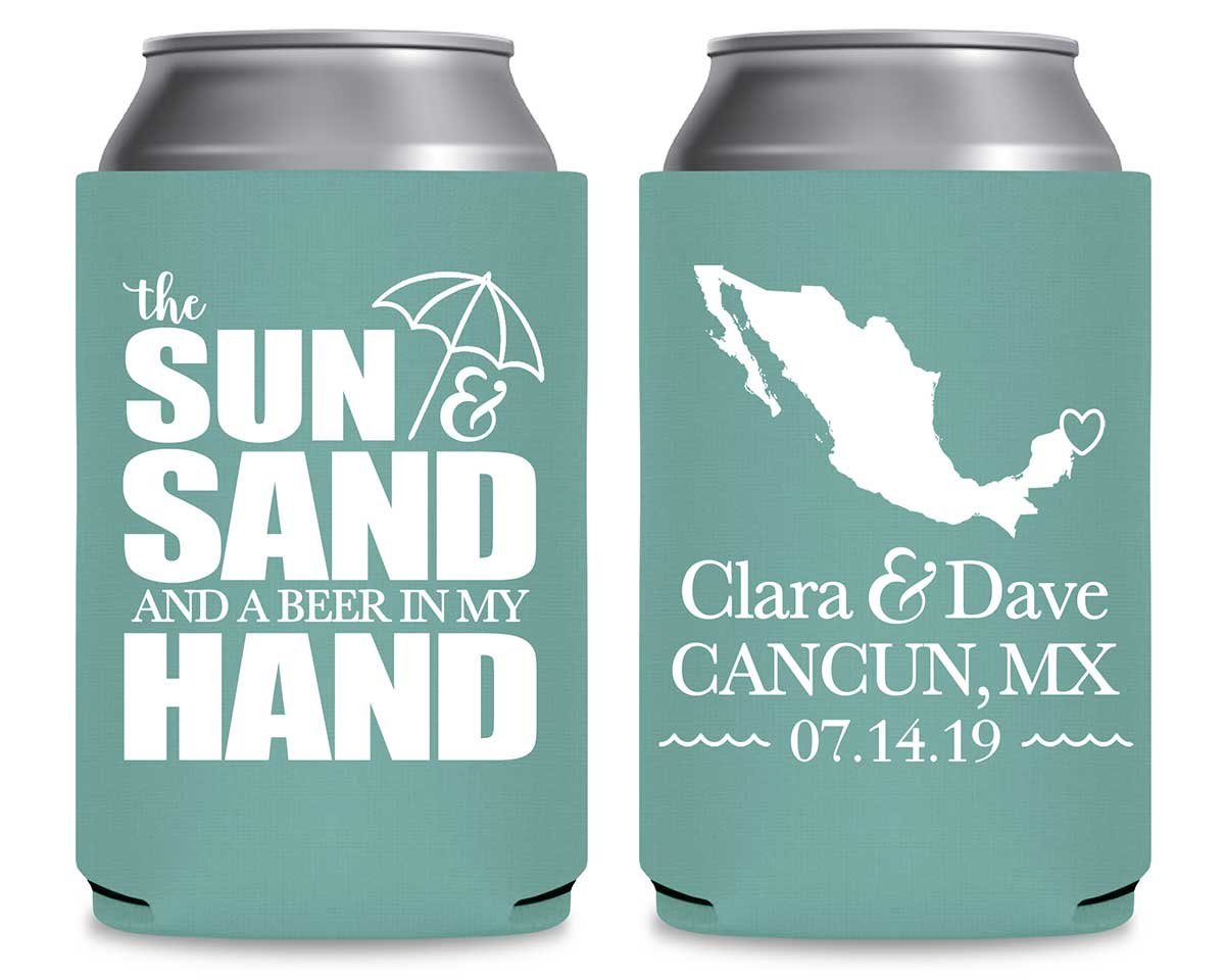The Sun & The Sand Beer In My Hand 1B Any Map Foldable Can Koozies Wedding Gifts for Guests