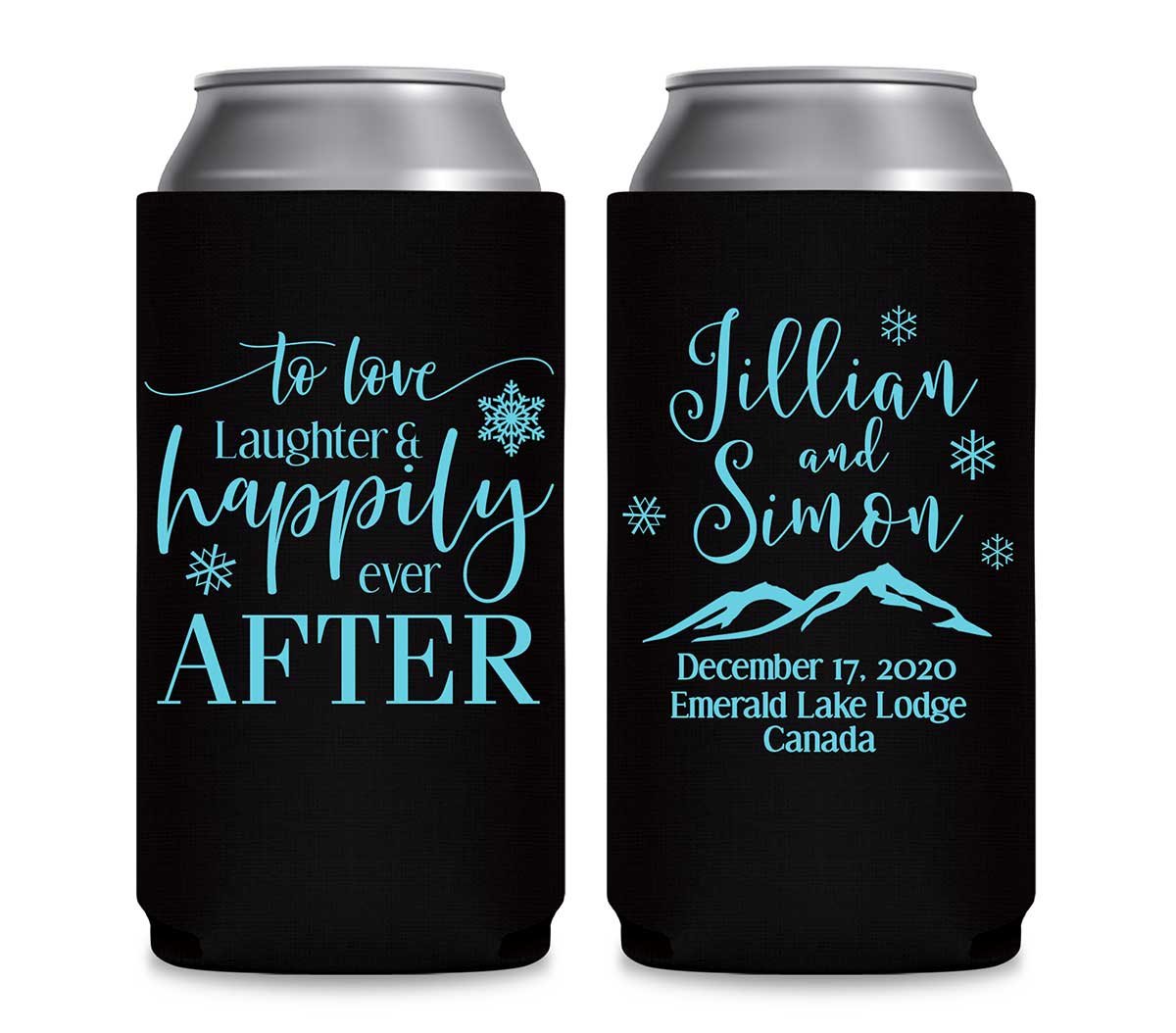 To Love Laughter & Happily Ever After 4B Foldable 12 oz Slim Can Koozies Wedding Gifts for Guests