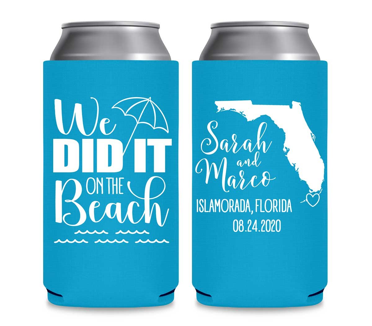 We Did It On The Beach 1C Any Map Foldable 12 oz Slim Can Koozies Wedding Gifts for Guests