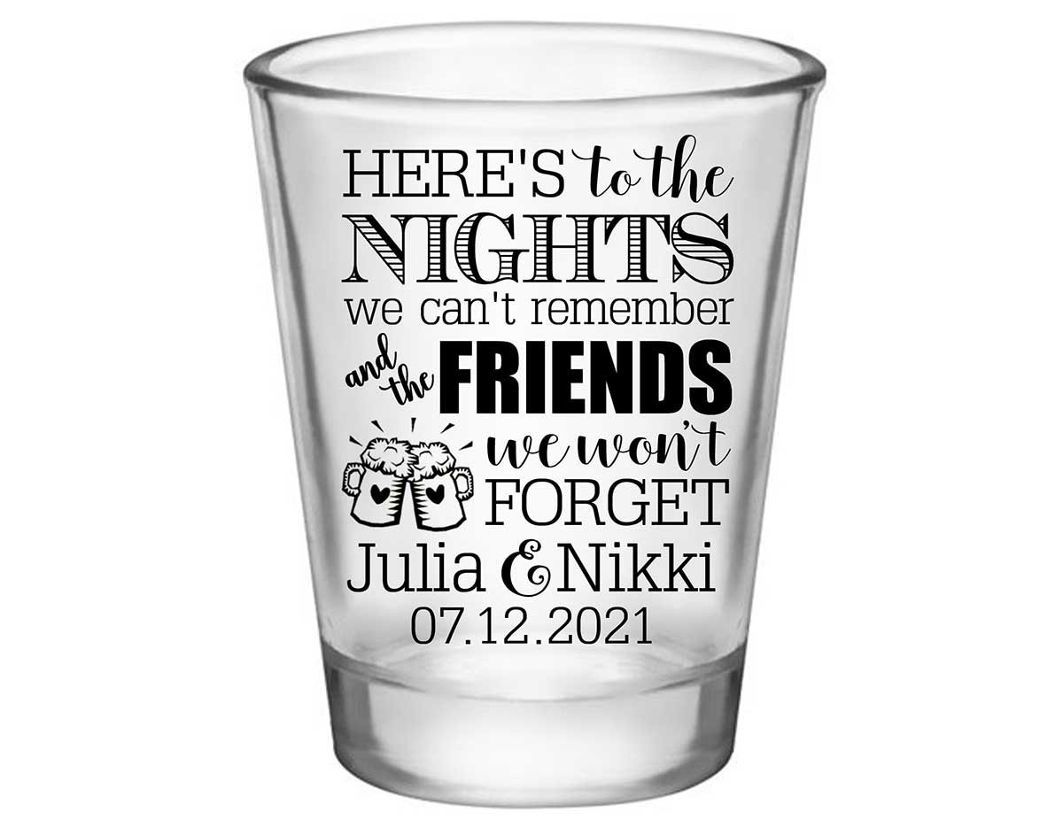 Here's to Nights We Can't Remember 1A Standard 1.75oz Clear Shot Glasses Rustic Wedding Gifts for Guests