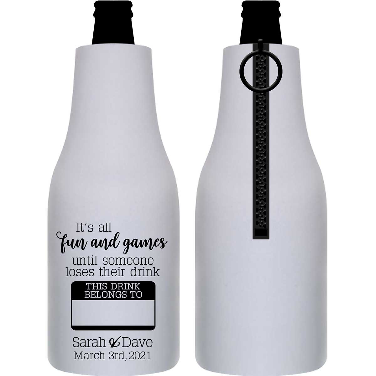 It's All Fun & Games 1A Name Tag Foldable Zippered Bottle Koozies Wedding Gifts for Guests