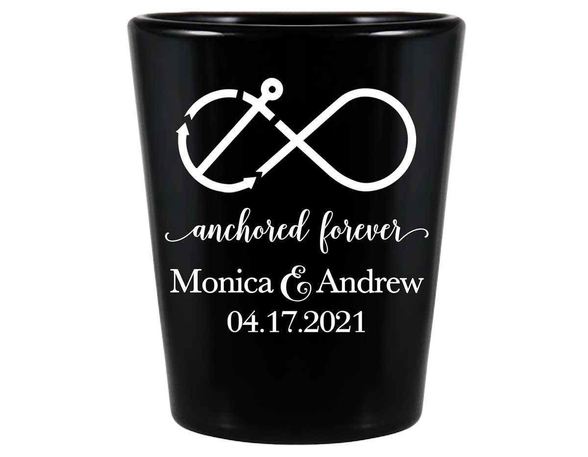 Anchored Forever 1A Nautical Standard 1.5oz Black Shot Glasses Maritime Wedding Gifts for Guests