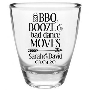 BBQ Booze & Bad Dance Moves 1A Clear 1oz Round Barrel Shot Glasses Rustic Engagement Party Gifts for Guests