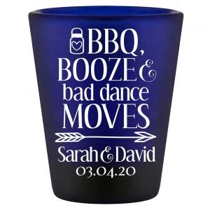 BBQ Booze & Bad Dance Moves 1A Standard 1.5oz Blue Shot Glasses Rustic Engagement Party Gifts for Guests