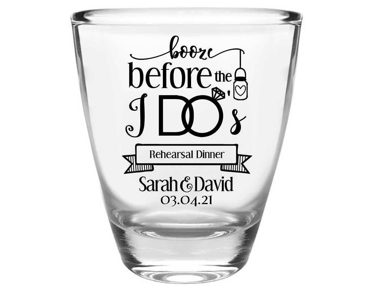 Booze Before The I Do's 2A Clear 1oz Round Barrel Shot Glasses Rustic Engagement Party Gifts for Guests
