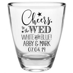 Cheers To The Wed White & Blue 1A Clear 1oz Round Barrel Shot Glasses 4th of July Wedding Gifts for Guests