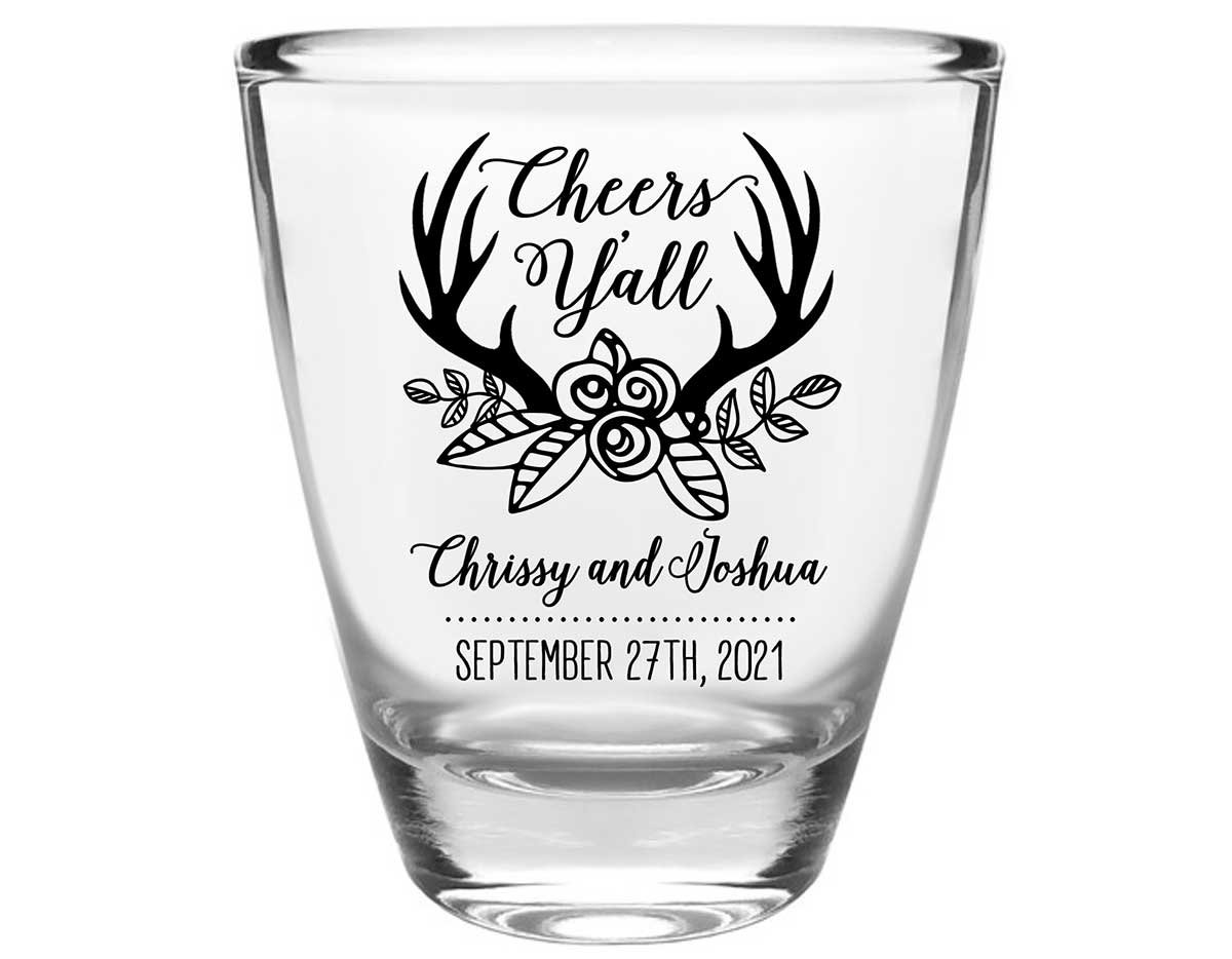 Cheers Y'All 1A Country Wedding Clear 1oz Round Barrel Shot Glasses Country Wedding Gifts for Guests