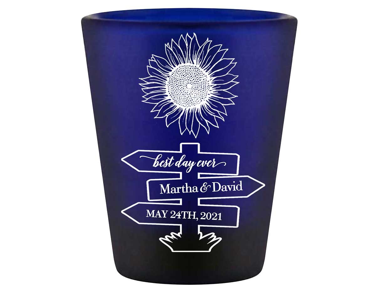 Country Sunflower 1D Post Sign Standard 1.5oz Blue Shot Glasses Rustic Wedding Gifts for Guests