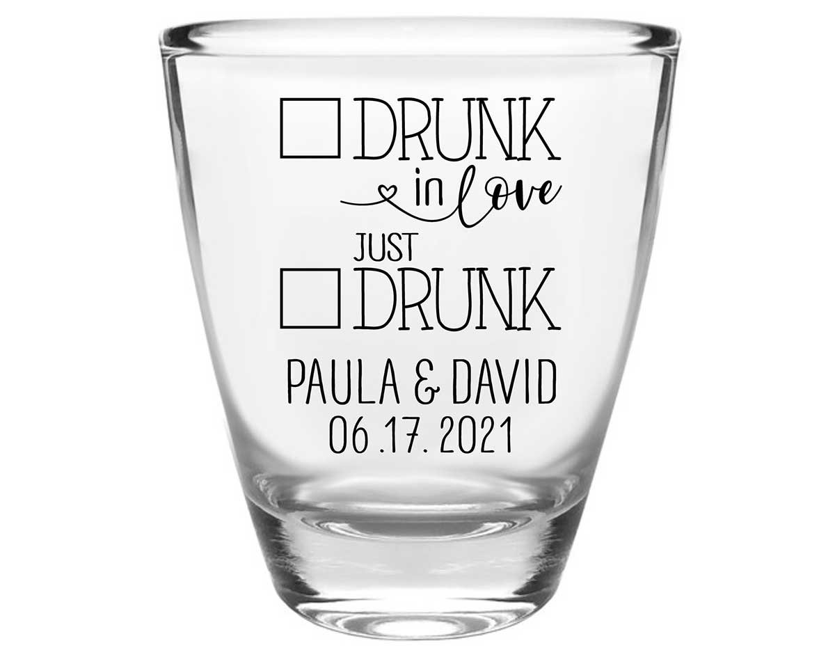 Drunk In Love 3A Just Drunk Clear 1oz Round Barrel Shot Glasses Funny Wedding Gifts for Guests