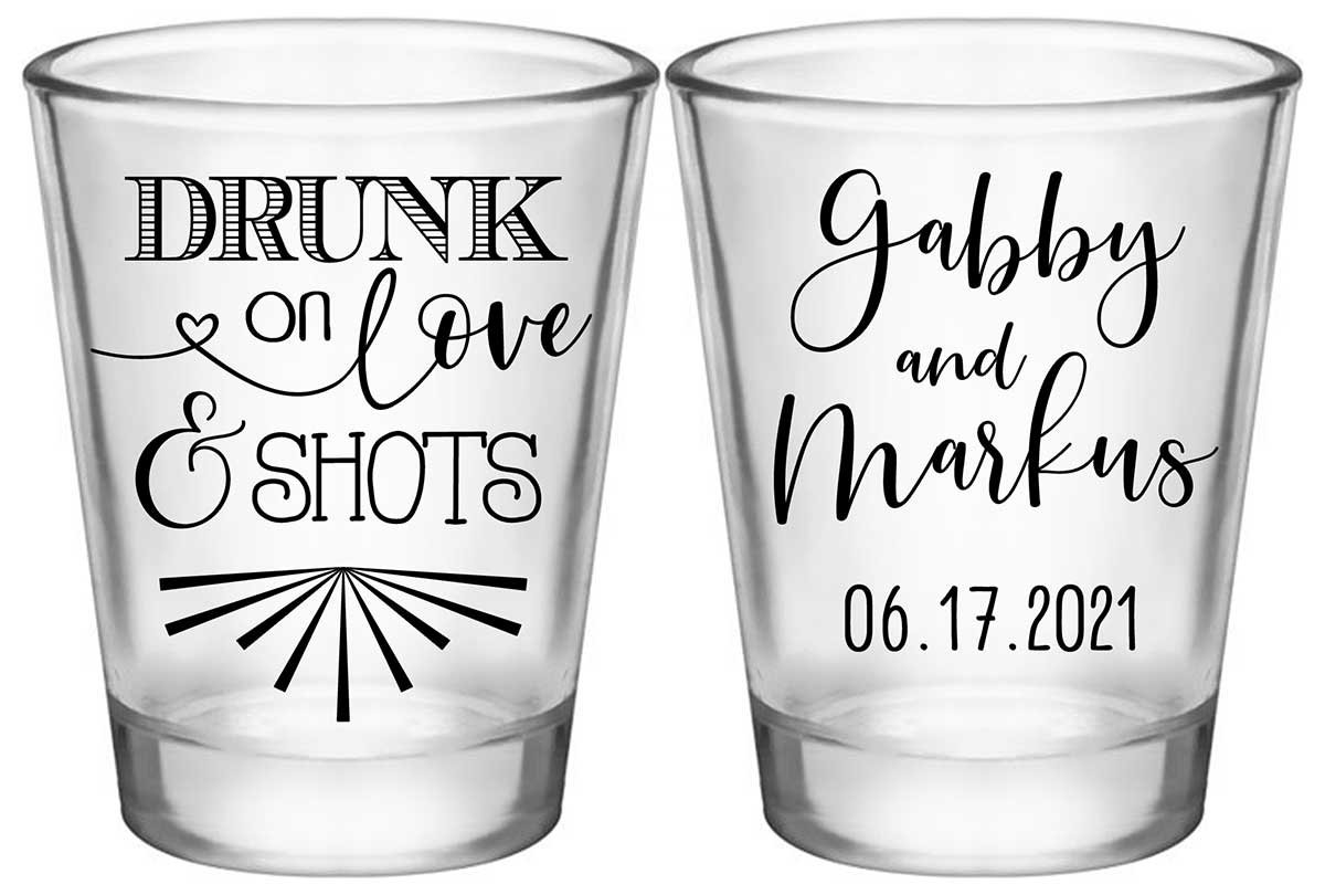 Drunk On Love & Shots 1A2 Standard 1.75oz Clear Shot Glasses Funny Wedding Gifts for Guests