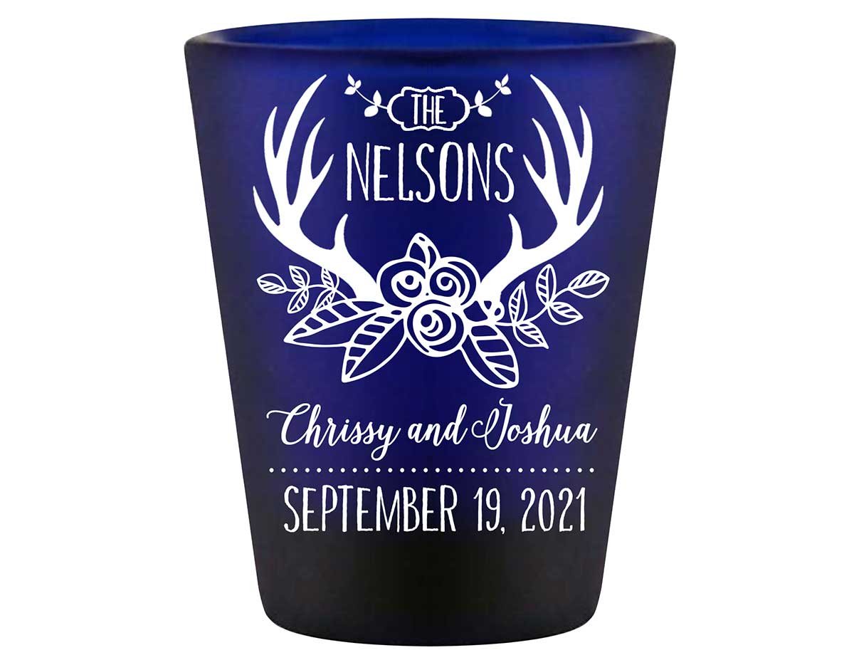 Floral Antlers 1A Standard 1.5oz Blue Shot Glasses Rustic Wedding Gifts for Guests