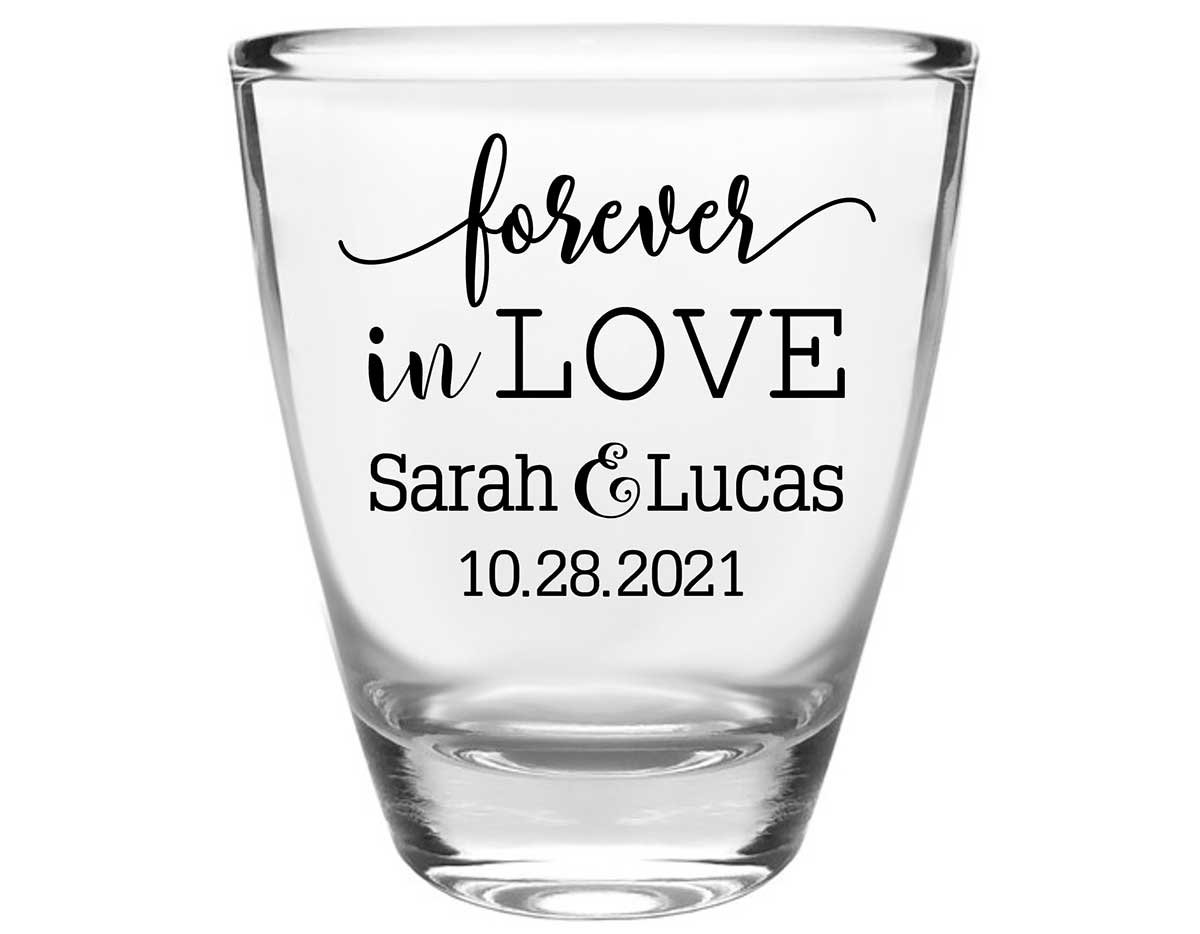 Forever In Love 1A Clear 1oz Round Barrel Shot Glasses Romantic Wedding Gifts for Guests
