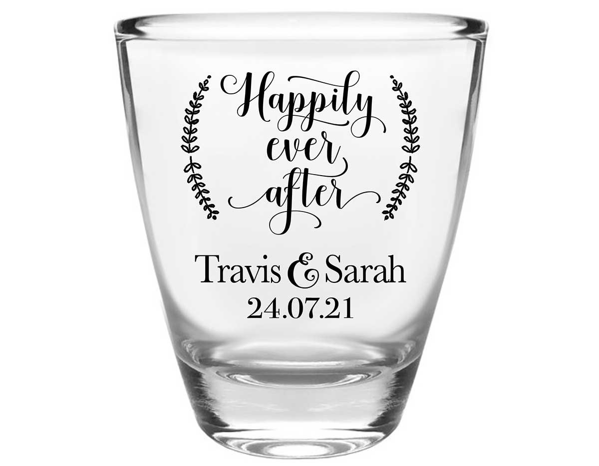 Happily Ever After 2A Clear 1oz Round Barrel Shot Glasses Fairytale Wedding Gifts for Guests