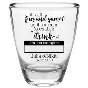 It's All Fun & Games 1A Name Tag Clear 1oz Round Barrel Shot Glasses Funny Wedding Gifts for Guests
