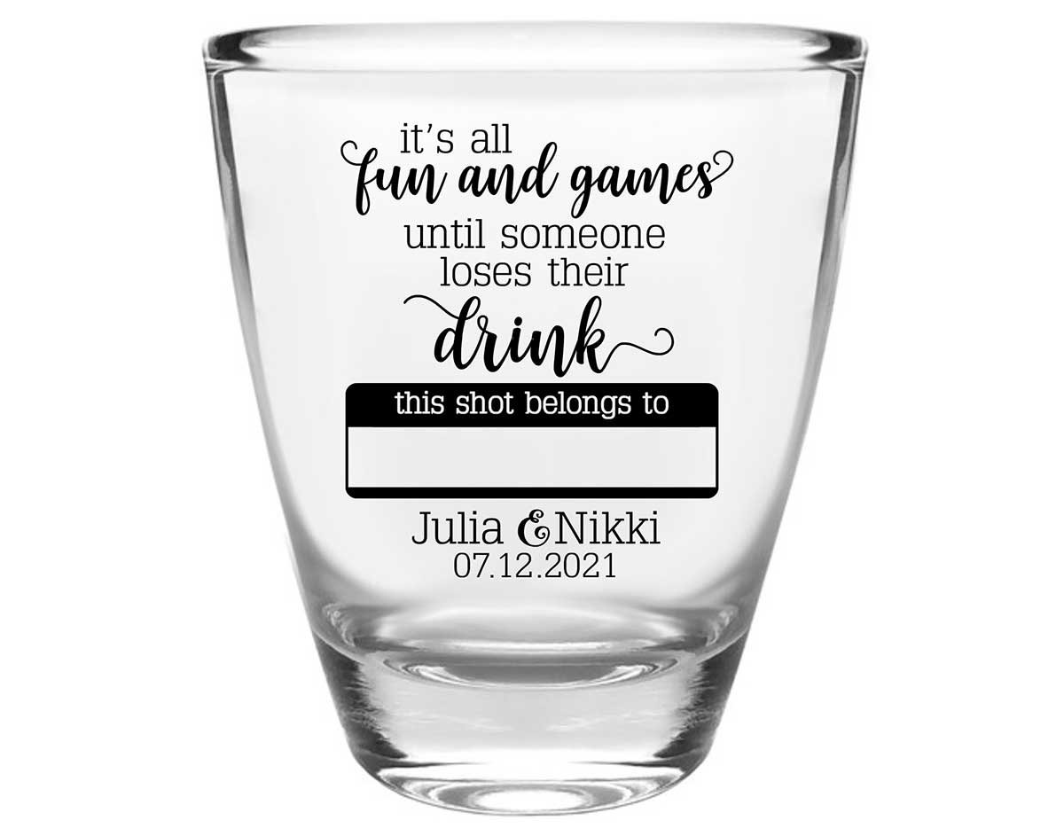 It's All Fun & Games 1A Name Tag Clear 1oz Round Barrel Shot Glasses Funny Wedding Gifts for Guests