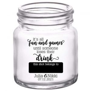 It's All Fun & Games 1A Name Tag 2oz Mini Mason Shot Glasses Funny Wedding Gifts for Guests