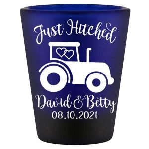 Just Hitched 1A Tractor Design Standard 1.5oz Blue Shot Glasses Country Wedding Gifts for Guests