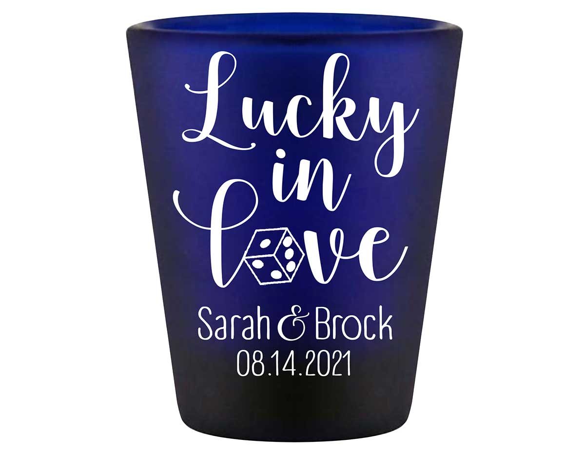 Lucky In Love 3A Casino Wedding Standard 1.5oz Blue Shot Glasses Las Vegas Wedding Gifts for Guests