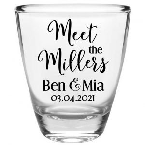 Meet The Mr & Mrs 1A Clear 1oz Round Barrel Shot Glasses Cute Wedding Gifts for Guests