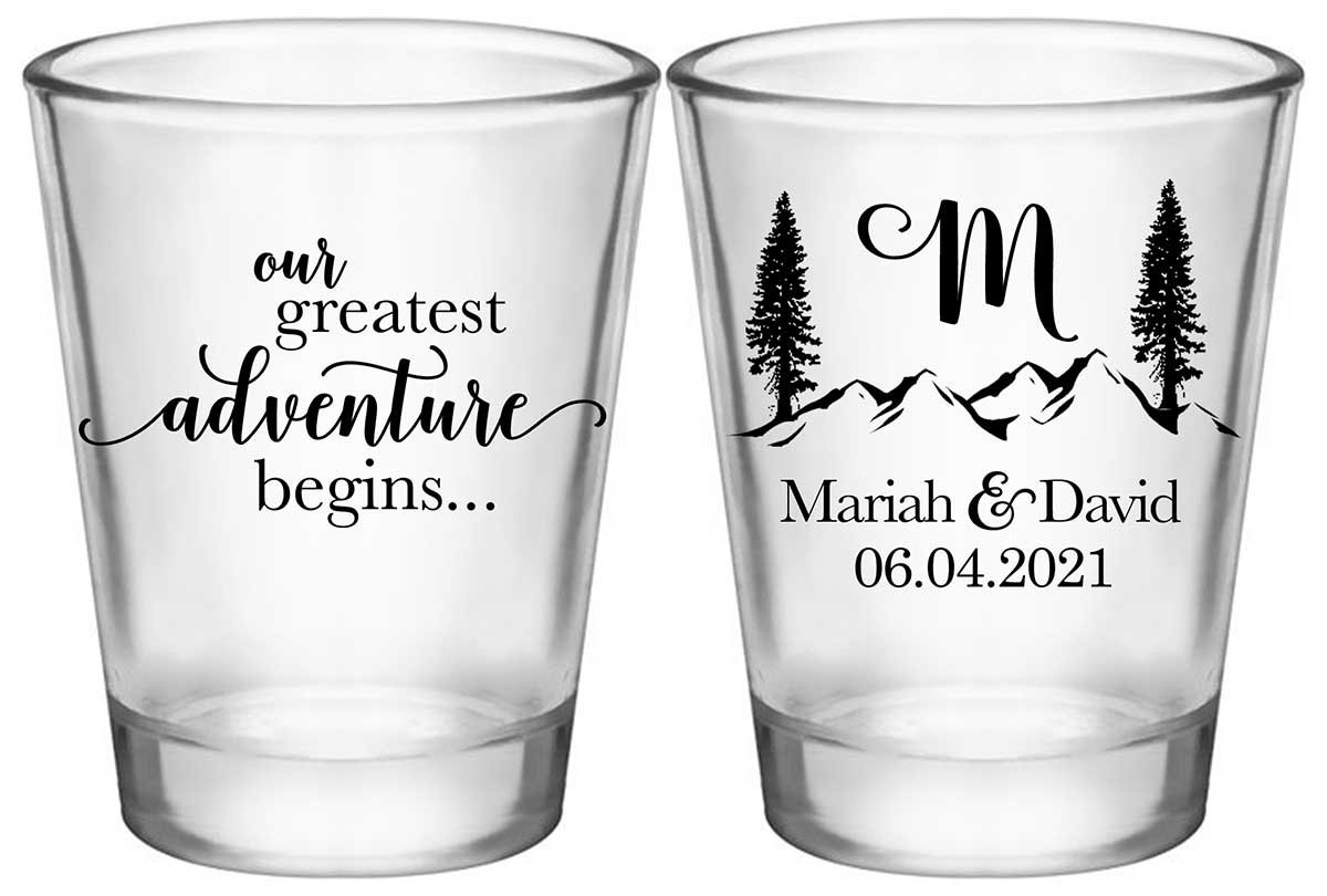 Our Greatest Adventure Begins 1A2 Standard 1.75oz Clear Shot Glasses Destination Wedding Gifts for Guests