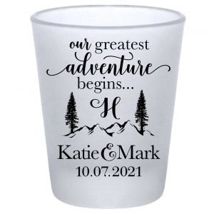 Our Greatest Adventure Begins 1B Standard 1.75oz Frosted Shot Glasses Destination Wedding Gifts for Guests