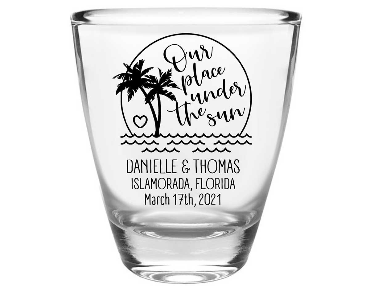 Our Place Under The Sun 1A Clear 1oz Round Barrel Shot Glasses Beach Wedding Gifts for Guests