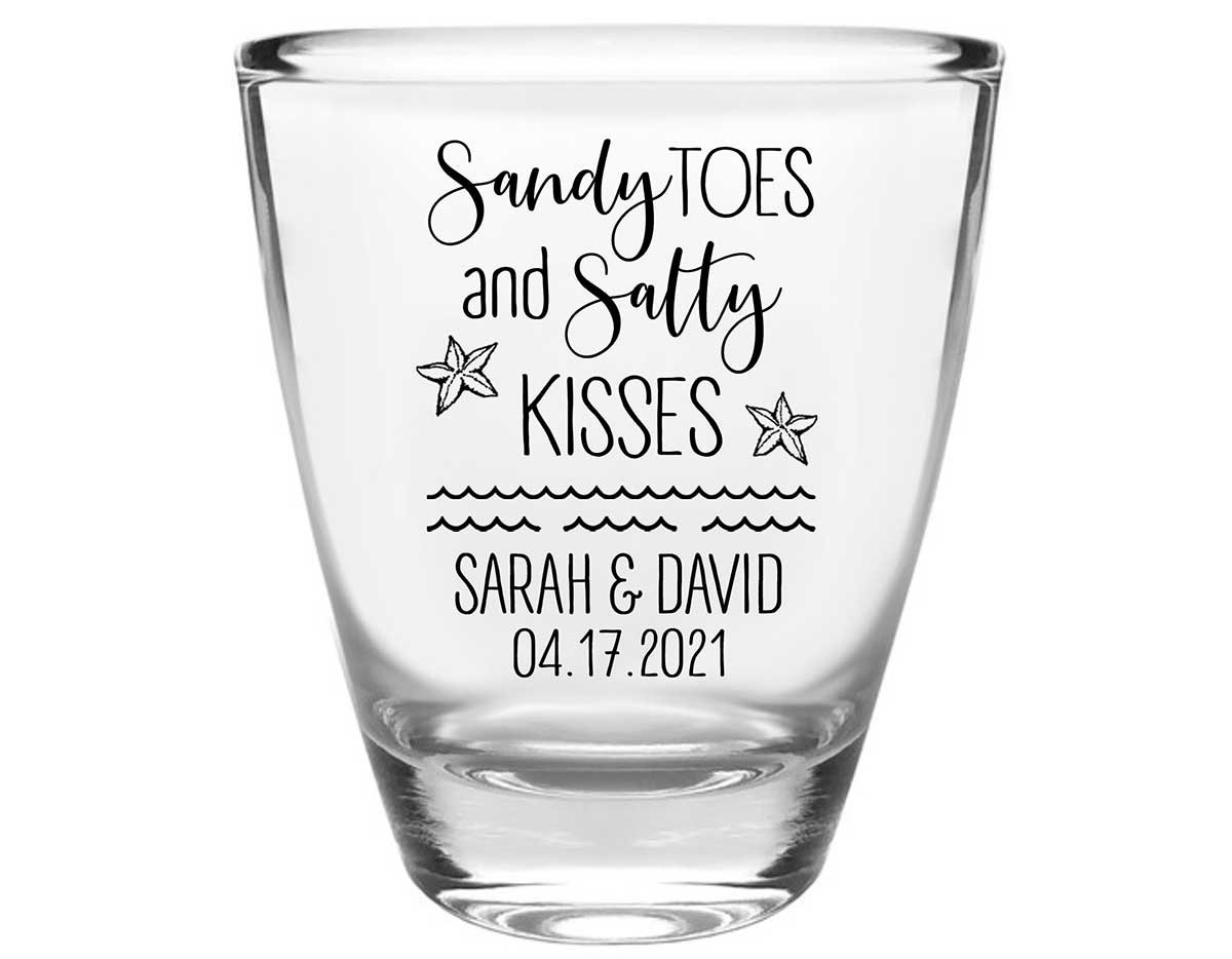 Sandy Toes & Salty Kisses 1A Clear 1oz Round Barrel Shot Glasses Beach Wedding Gifts for Guests