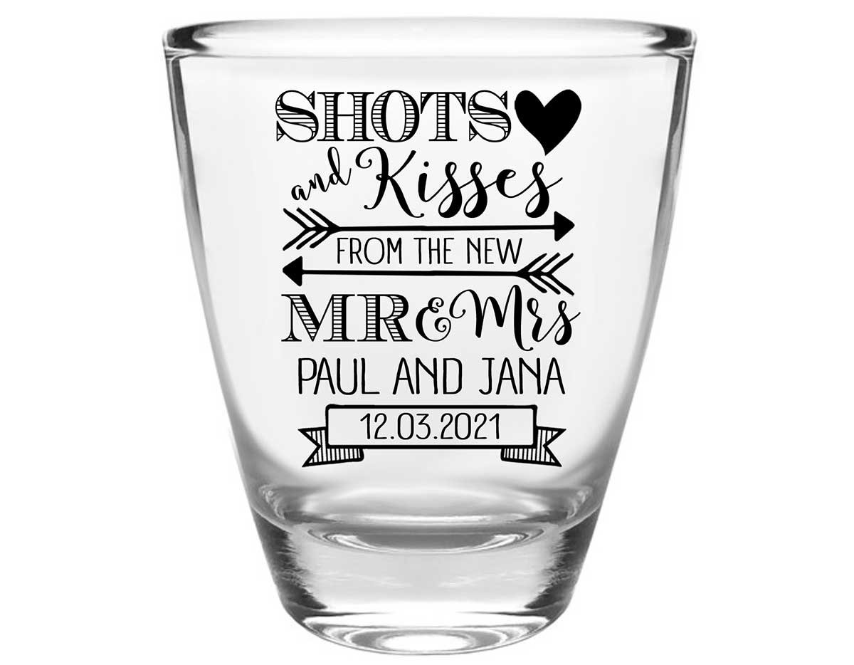 Shots & Kisses From The Mr & Mrs 1A Clear 1oz Round Barrel Shot Glasses Cute Wedding Gifts for Guests