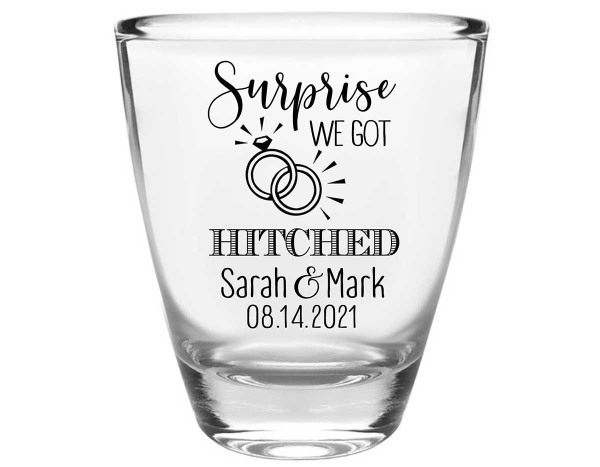 Surprise We Got Hitched 1A Clear 1oz Round Barrel Shot Glasses Surprise Wedding Gifts for Guests