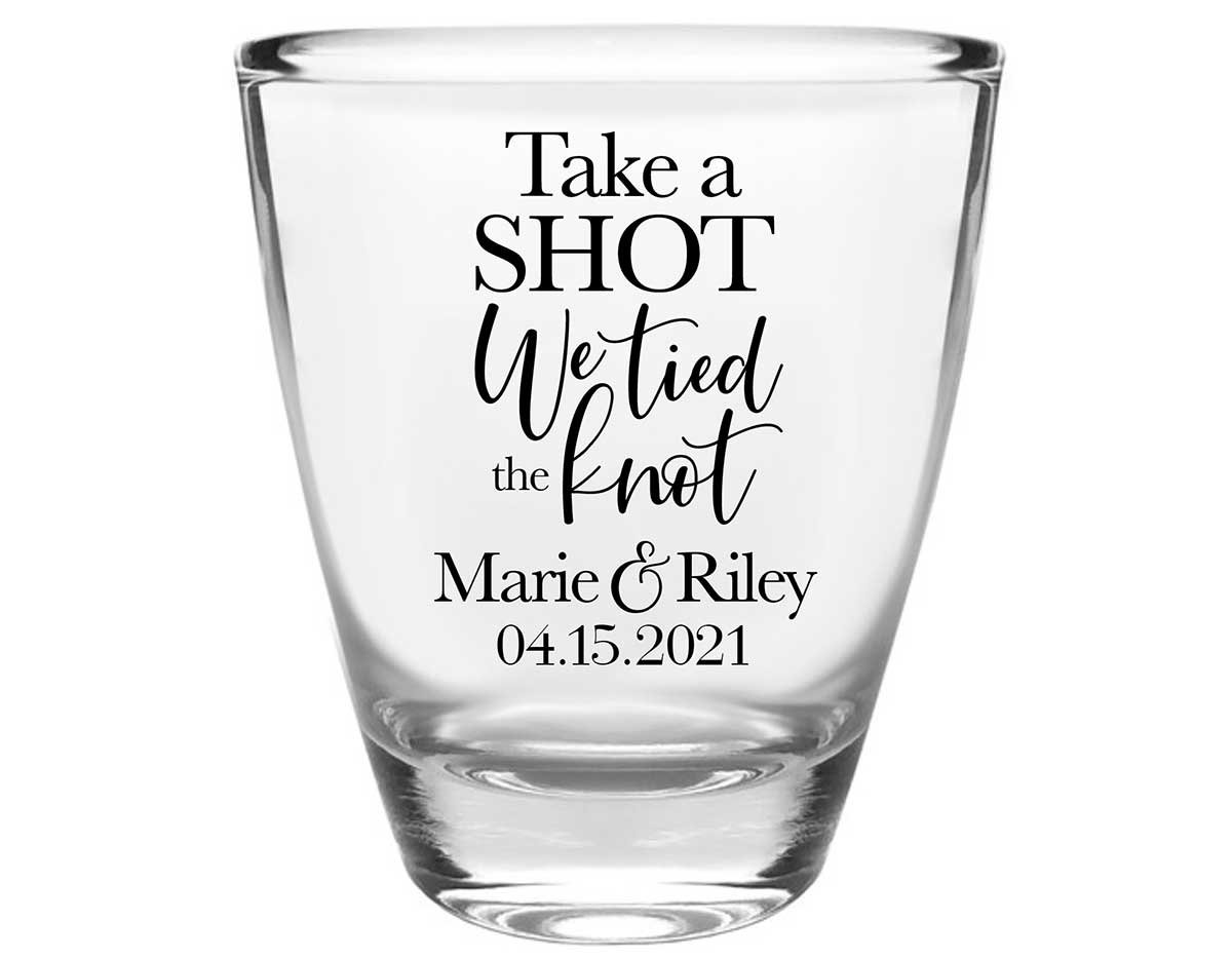 Take A Shot We Tied The Knot 2A Clear 1oz Round Barrel Shot Glasses Rustic Wedding Gifts for Guests